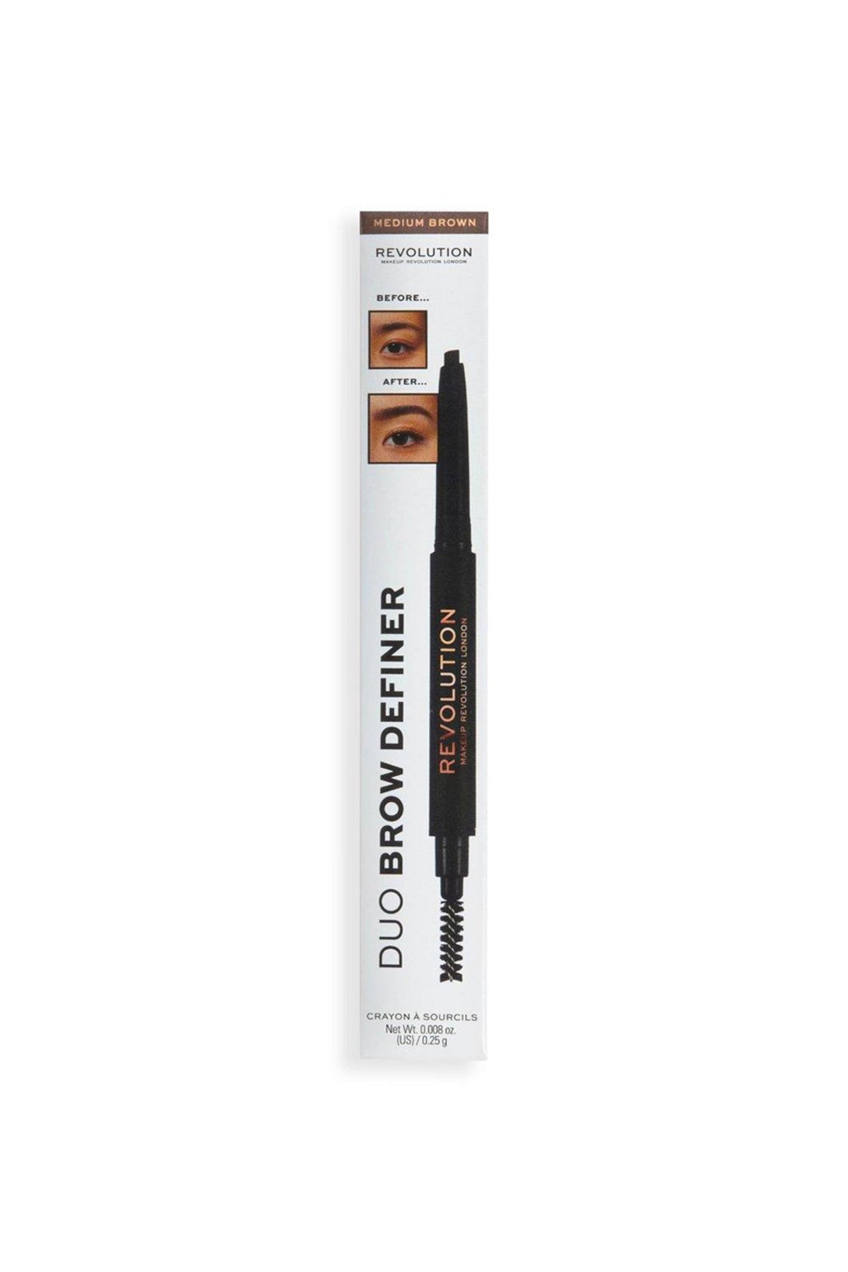 Makeup Revolution, Duo Brow Definer, Eyebrow Cream Pencil & Brush 2-In-1, Medium Brown, 0.25 g