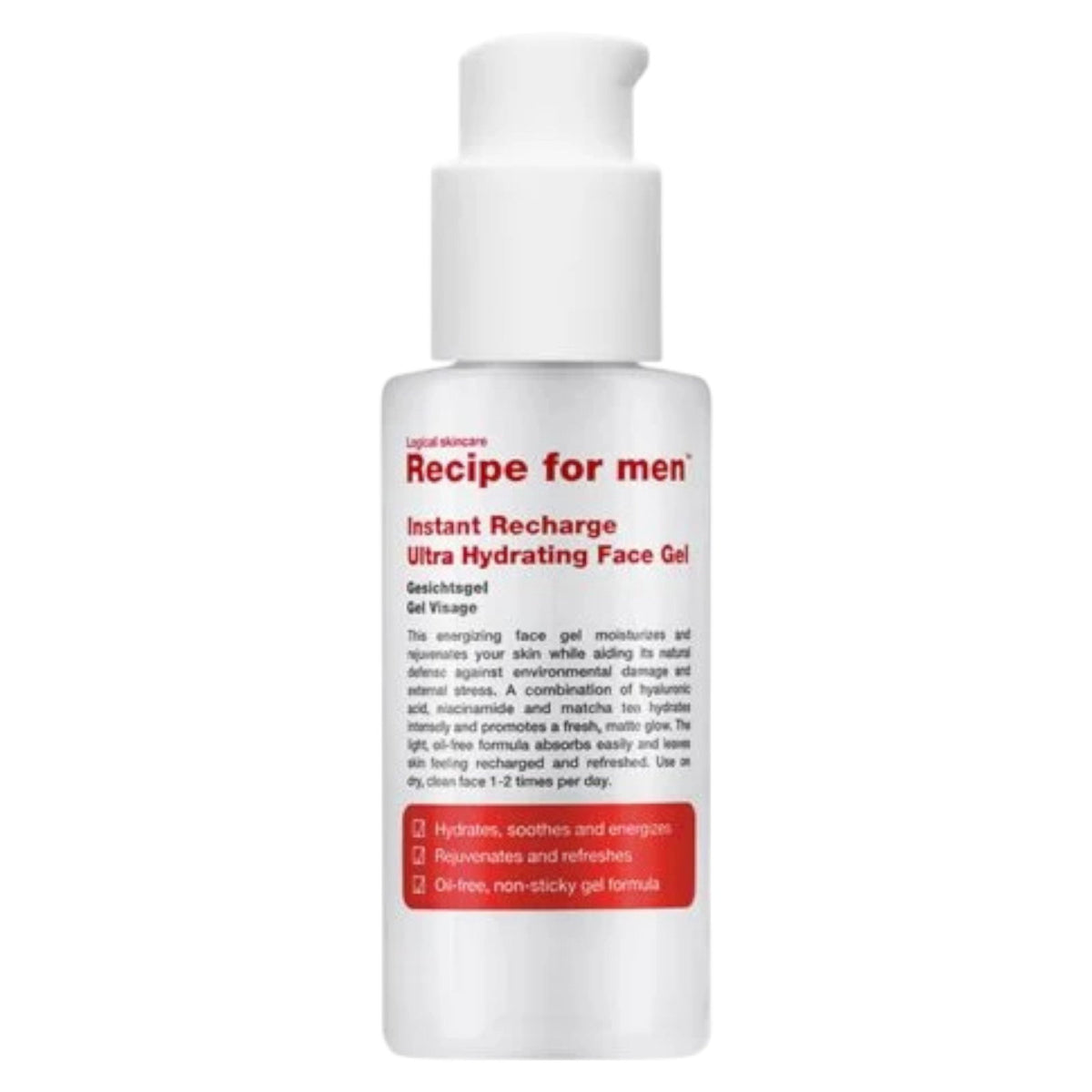 Recipe For Men, Instant Recharge, Hyaluronic Acid, Moisturizes, Gel, Face, 75 ml