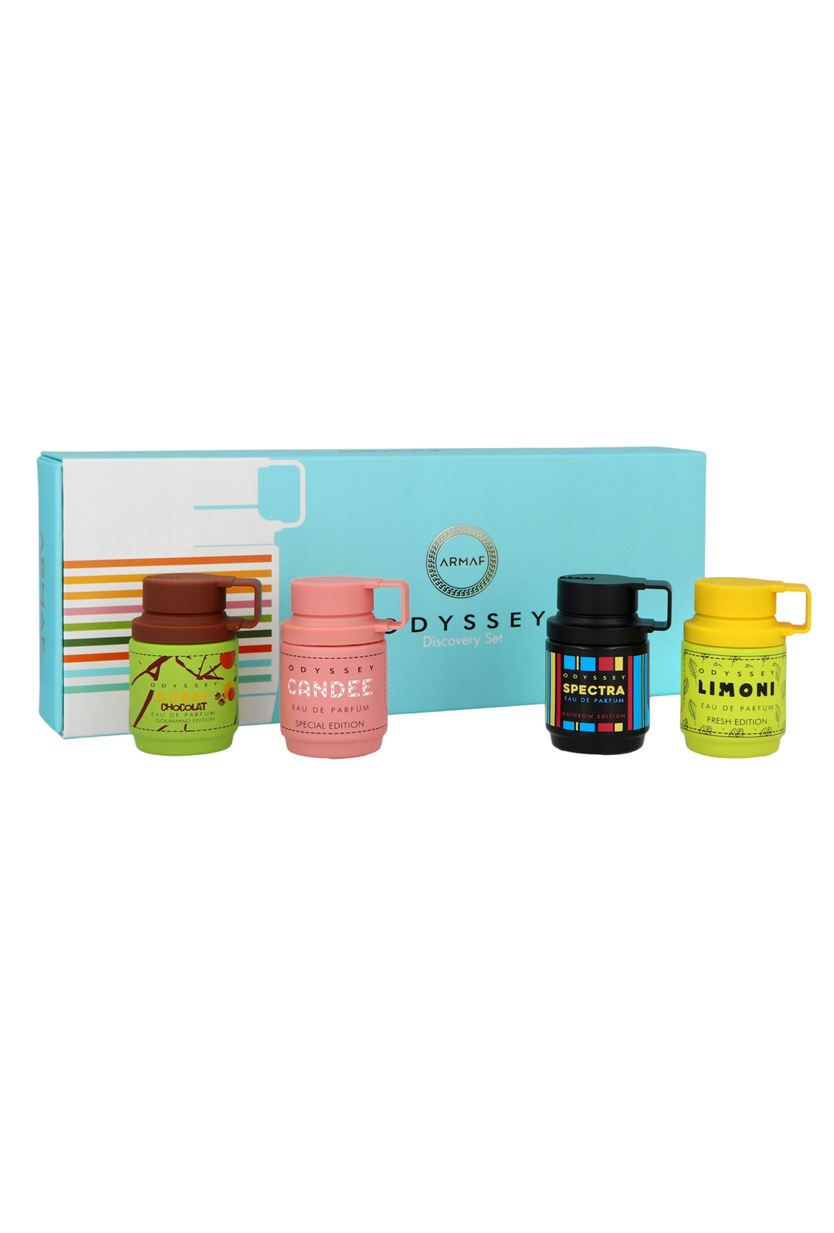 Set Armaf: Odyssey Limoni Fresh, Eau De Parfum, Unisex, 12 ml + Odyssey Spectra Rainbow Edition, Eau De Parfum, Unisex, 12 ml + Odyssey Candee, Eau De Parfum, For Women, 12 ml + Odyssey Dubai Chocolat, Eau De Parfum, Unisex, 12 ml