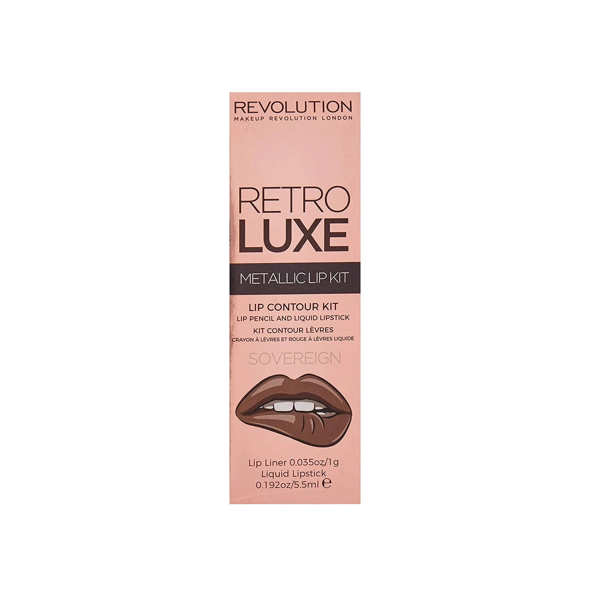 Set Makeup Revolution: Retro Luxe, Metallic, Liquid Lipstick, Sovereign, 5.5 ml + Retro Luxe, Lip Liner, Sovereign, 1 g