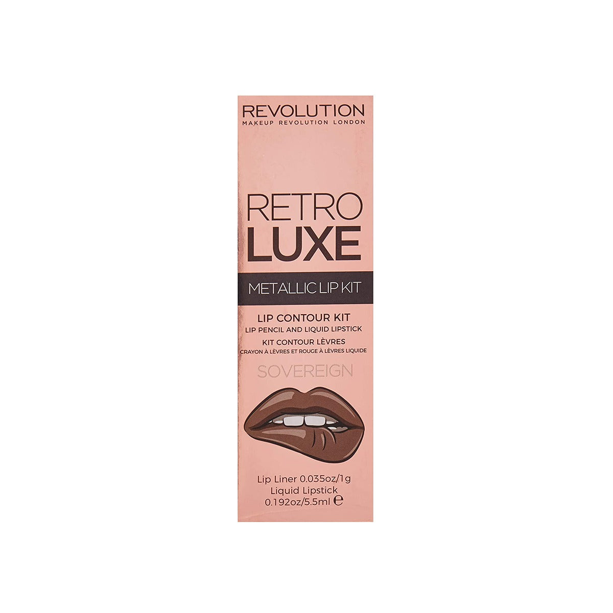 Set Makeup Revolution: Retro Luxe, Metallic, Liquid Lipstick, Sovereign, 5.5 ml + Retro Luxe, Lip Liner, Sovereign, 1 g