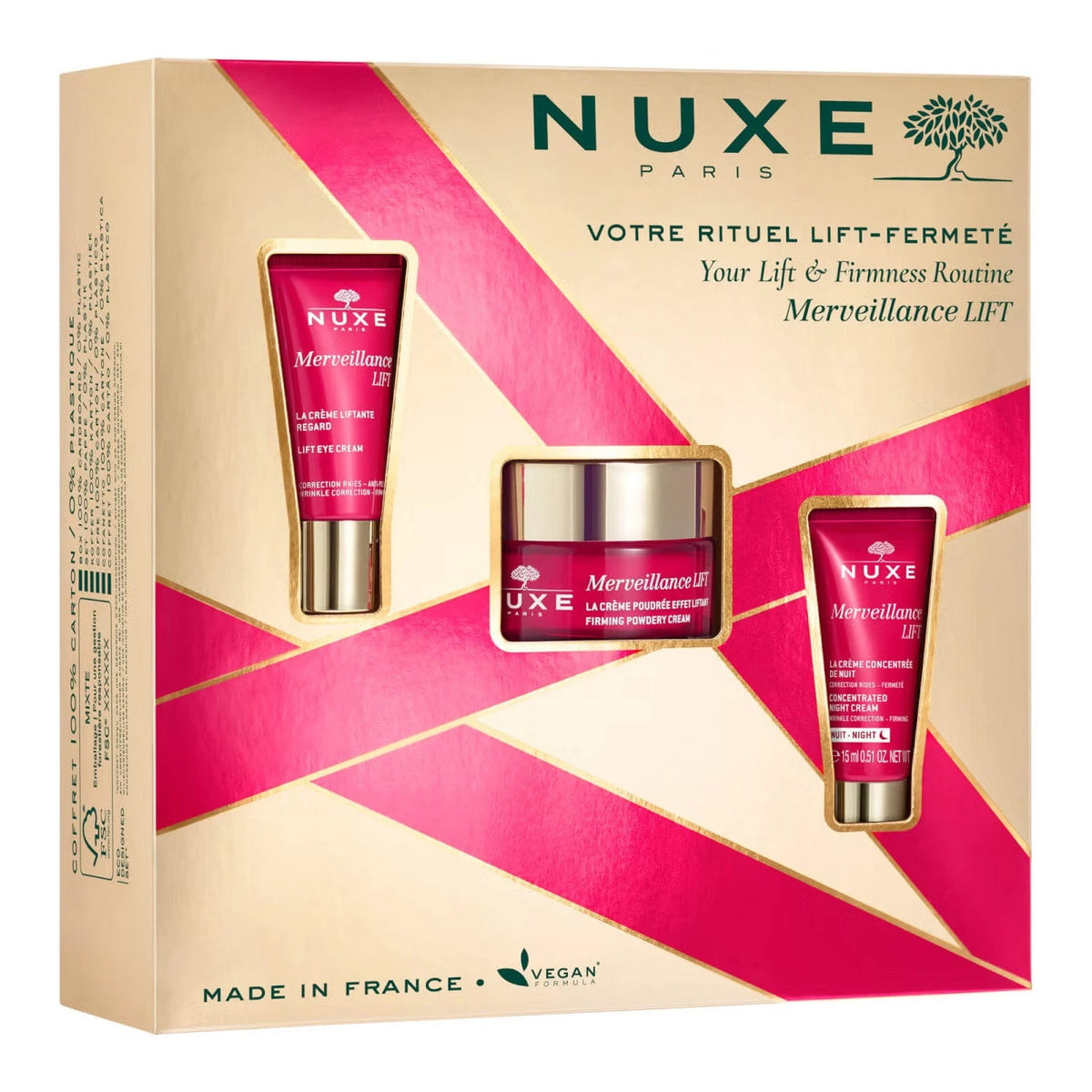 Set Nuxe: Merveillance Expert, Lifting, Cream, For Face, 50 ml + Merveillance Lift, Vegan, Lifting, Eye Cream, 15 ml + Merveillance Lift, Vegan, Lifting, Night, Cream, For Face, 15 ml